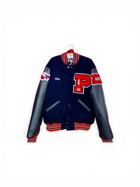 Classic Navy & Gray Varsity Jacket with Red Patches Collegiate Athleta